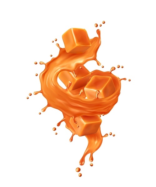 Caramel sauce syrup swirl splash with toffee. Realistic 3d vector sweet liquid melt toffee stream dynamic motion for ads promo. Isolated brown candy swirl, splashing with droplets and brown cubes