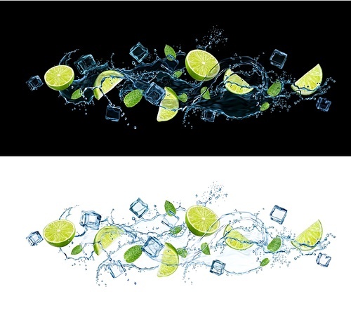Water wave flow with splash, lime and mint leaves. Mojito drink, tea, cocktail refreshing beverage with ice cubes and spearmint foliage. Realistic 3d vector liquid swirl, flow with citrus fruit slices