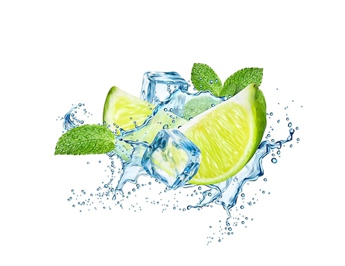 Ice cubes, wave splash, lime and mint leaves, mojito drink. 3d vector beverage swirl with citrus fruit slices, water drops and frozen icy blocks. Realistic liquid flow of refreshment tea or cocktail
