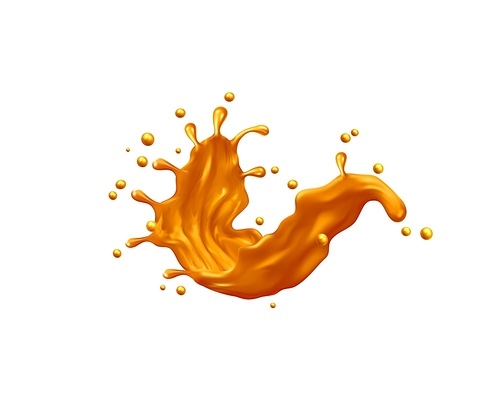 Golden swirl splash with drops. Juice or toffee wave with splatters. Vector drink, liquid sugar candy wavy splash with cream texture. Isolated realistic 3d splashing swirl motion with spray droplets