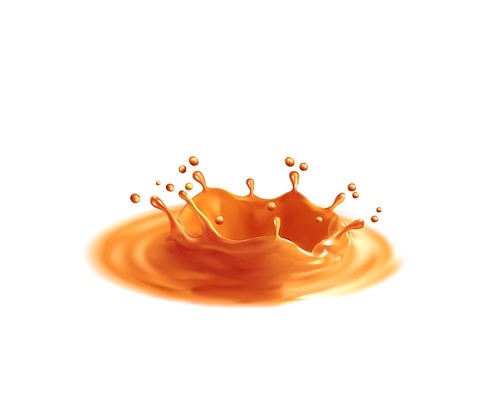 Corona crown caramel sauce splash. Vector liquid candy splashing with flying droplets. Realistic brown melt toffee syrup stream, 3d dynamic molten dessert drip for advertising promotion