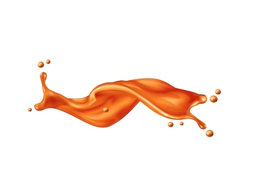 Caramel sauce wave flow splash, sweet candy cream or toffee syrup, realistic vector. Caramel fudge or sugar melt splash in long wave with droplets, liquid dessert or orange candy topping pour on white