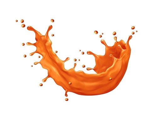 Caramel sauce wave swirl splash with drops, vector sweet food and desserts. Liquid caramel, melted toffee candy or fudge made of brown sugar, milk and butter realistic flow with creamy texture