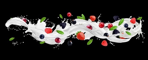 Milk wave splash with berries. Isolated vector realistic dairy yogurt or cream white liquid stream with drops. Fresh strawberry, blackberry, blueberry or cranberry, black currant mix with green leaves