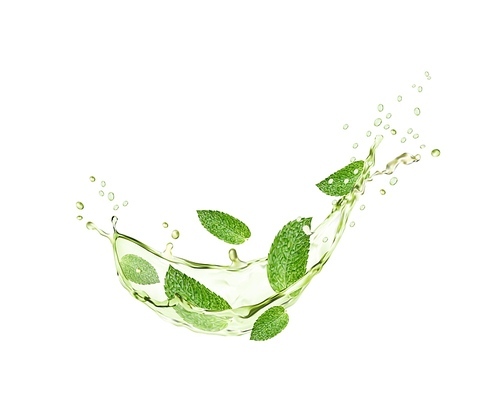 Green herbal tea splash wave with mint leaves and falling drops. Vector realistic flow or swirl of fresh brewed green tea, drink water or matcha beverage, flavored with peppermint plant leaves
