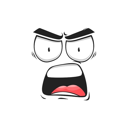 Cartoon angry shout face vector yelling or scream character emoji with mad eyes and open yell mouth. Furious facial expression, aggressive feelings, isolated comic personage with furrowed brows