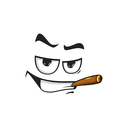 Cartoon smoking face, vector character with cigar in mouth. Self confident smoker personage with toothy smiling and squint eyes. Mafia or gigolo grin