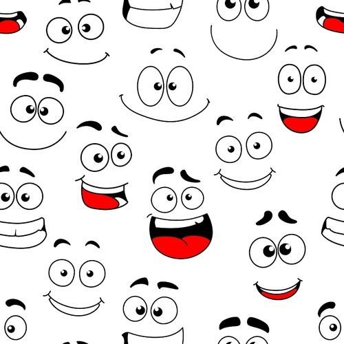 Cheerful, happy and surprised funny face seamless pattern. Comical wallpaper or vector background, textile print with happy smiling faces, funny character facial expressions