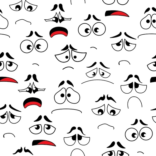 Cartoon sad, unhappy, anxious faces seamless pattern. Vector background with plaintive, deplorable personages emoji. Comic characters tragic facial expression, negative feelings, sadness emotions