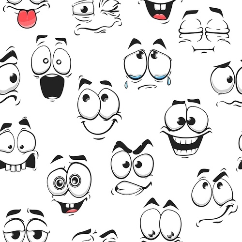 Seamless background with cartoon faces, vector pattern with funny characters smiling, happy, sad, think, excited, angry and upset emotions. Wallpaper, textile, fabric wrapping paper backdrop design