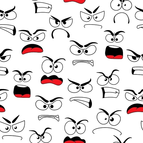 Cartoon grumble and angry faces seamless pattern. Vector background with negative emoji, grouse characters with evil eyes and yelling mouth. Griper facial expression, growl , comic murmur personage