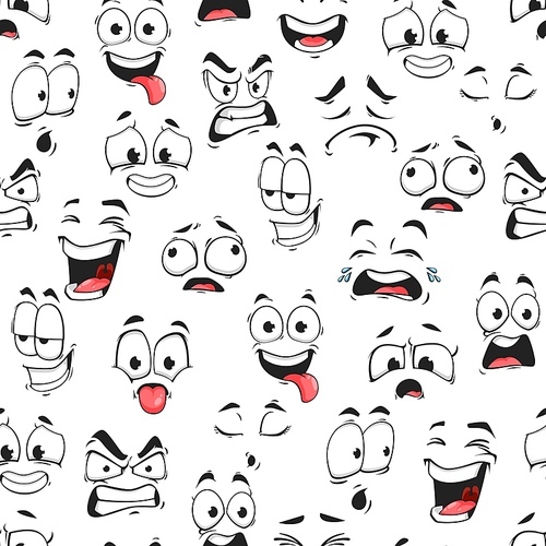 Cartoon face and emoji characters vector seamless pattern. Emoticons with different facial expressions and emotions background of comic faces with happy, cute and sad smiles, angry eyes and cry