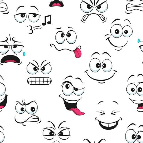 Cartoon faces seamless pattern. Funny facial expressions, angry and smiling, whistling, foolish emoji faces vector background, fabric or textile caricature print or wrapping paper comical backdrop