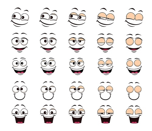 Cartoon laugh giggle faces and blink eyes animation. Vector funny characters smiling facial expression with admiration movement sprite sheet. Positive personage with happy expressions sequence frame