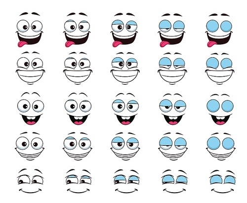 Cartoon face and blink laugh giggle eye animation. Vector happy smiling character facial expression animated sprite sheet. Funny personage with sticking tongue and open mouth express positive emotions