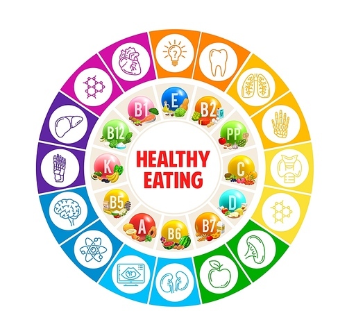 Vitamins, minerals and multivitamin source, circle rainbow chart of food nutrition, vector. Healthy diet and color food health infographics on rainbow wheel chart, fruits and vegetables with vitamins