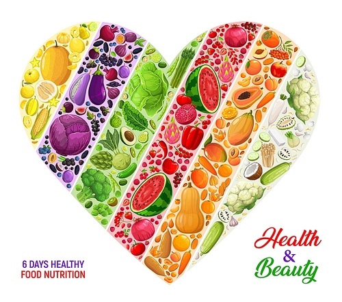 Color diet nutrition, rainbow heart shape with dried and and organic fruits, vegetables, nuts. Vector design for detox program, vegan grocery production, dieting consumption for health and beauty