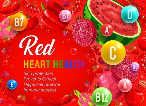 Red day of color rainbow diet, organic nutrition and vitamins in vegetables or fruits, vector. Healthy food and color diet eating program for heart health, multivitamin complex for immune support