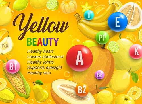 Yellow day of color rainbow diet. Organic nutrition and multivitamins in food, vector. Rainbow eating program of yellow day with benefit of fruits, vegetables and healthy cereals for beauty