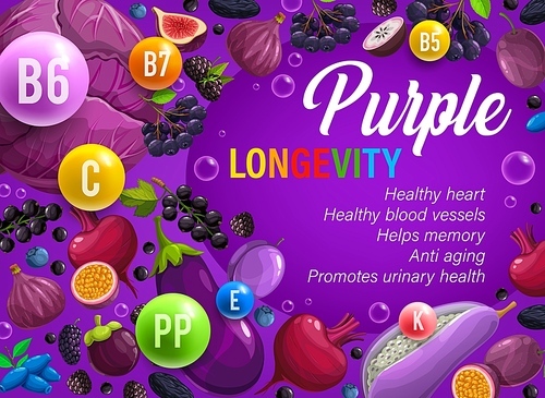 Purple day in color rainbow diet, organic nutrition and vitamins benefits for health, vector. Food multivitamins in vegetables, fruits and berries of purple color diet program for longevity and detox