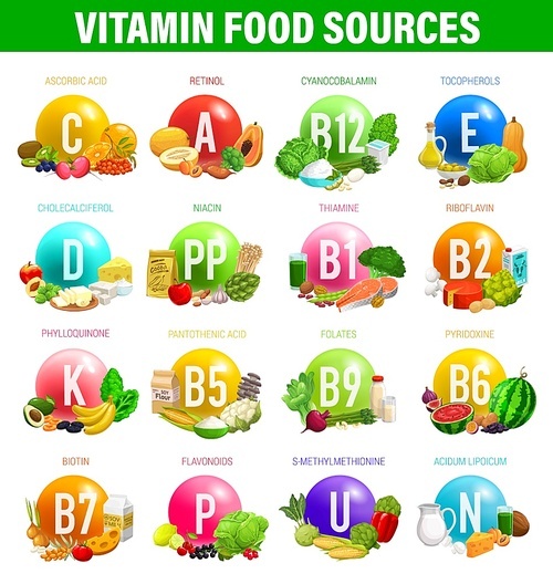 Vitamins and minerals food sources in nutrition vector infographics. Healthy fruits and vegetables, diet chart with vitamins D, C, B, antioxidants and dietetics nutrition benefits of organic minerals