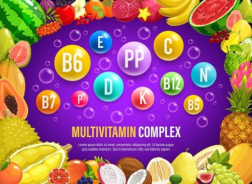 Vitamins and minerals in farm fruits. Multivitamin complex. Vector poster with garden and tropical healthy fruits contain antioxidants, micro and macro vitamins, elements for healthcare