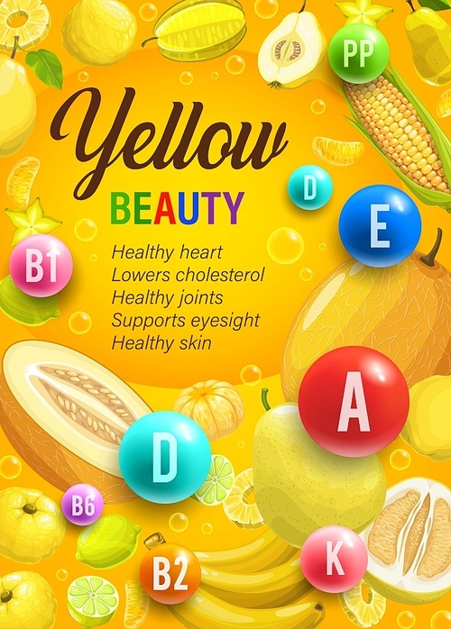 Color rainbow diet yellow day nutrition and multivitamins. Color diet, nutrition program health benefits vector vertical poster with cartoon yellow vegetables, fresh tropical fruits and ripe cereals