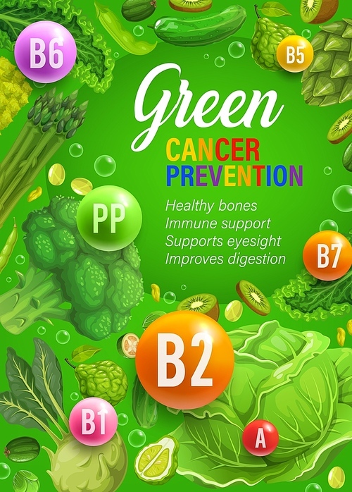 Color rainbow diet green day nutrition and multivitamins. Natural food nutrition and diet system vector vertical poster with cancer prevention health benefits, fresh green vegetables, herbs and fruits