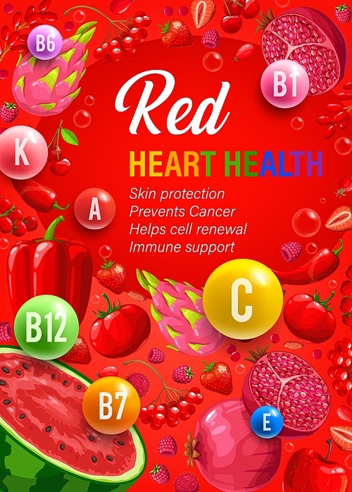 Color rainbow diet red day nutrition and multivitamins. Dieting and nutrition system for heart health vector vertical poster with health benefits, ripe red fruits, fresh vegetables and berries