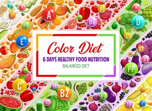 Healthy food nutrition, color rainbow diet banner with vitamins and minerals. Rainbow color diet, healthy nutrition dieting system or plan vector background with fresh vegetables, fruits and berries