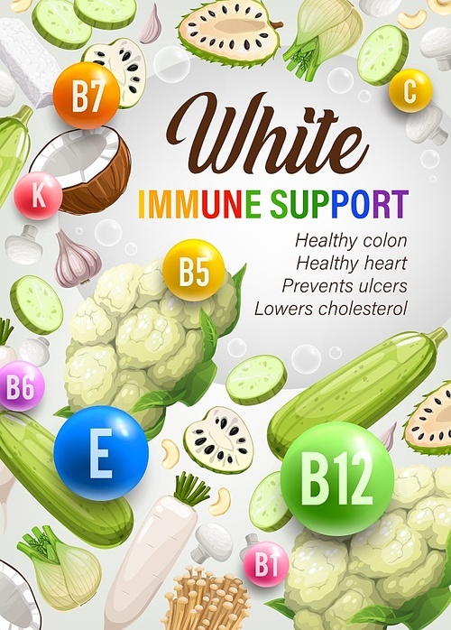 Color rainbow diet white day nutrition and multivitamins. Diet for immune support, healthy nutrition plan or dieting system with health benefits, white vegetables, ripe nuts and soy food products