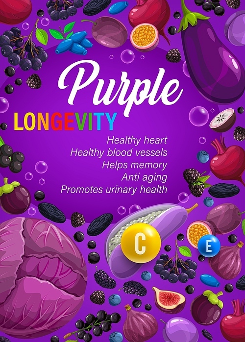 Color rainbow diet purple day nutrition and multivitamins. Healthy food diet, nutrition plan with health benefits vector poster with purple and blue berries, ripe tropical fruits and fresh vegetables