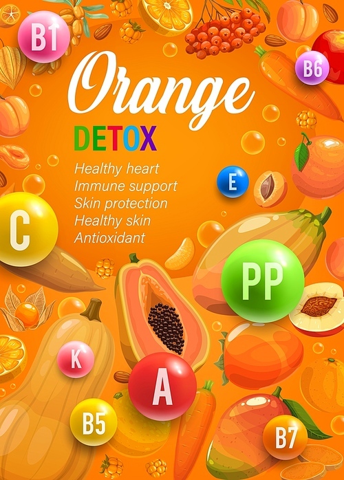 Color rainbow diet orange day nutrition and multivitamins. Healthy nutrition, dieting system or plan vertical vector poster with health benefits and natural orange fruits, ripe vegetables and berries