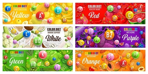 Color rainbow diet vector banners with vitamins in fruits and vegetables, organic nutrition plan. Rainbow color diet program with healthy food eating benefits for detox, health and immune support