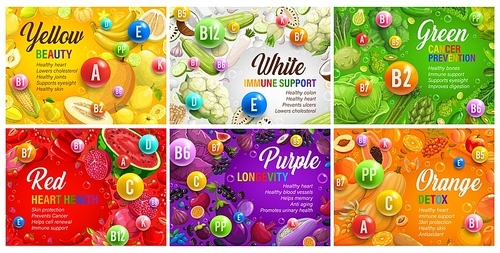 Color rainbow diet posters, organic nutrition and multivitamins in healthy food, vector dietary eating. Rainbow color diet vitamins with detox benefits of healthy vegetables, fruits and berries