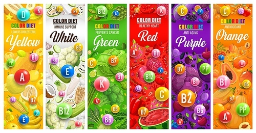 Color rainbow diet vector banners. Vitamins, fruits and vegetables of organic nutrition plan, color diet food benefits. Orange, grapefruit, green herbs and mango, tomato, beans, kale and banana