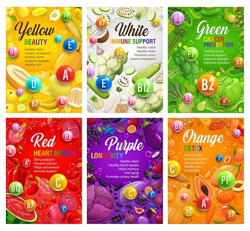 Color rainbow diet posters. Organic nutrition and multivitamins. Vector fruits, vegetables and vitamins of color diet. Antioxidant, detox or cancer prevention, immune support, beauty benefits