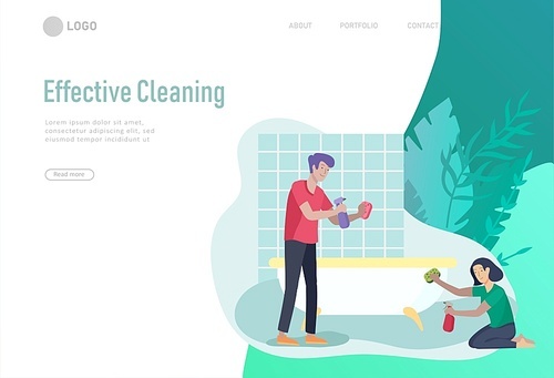 landing page template people home cleaning, couple man and woman cleaning bathroom, carpet and floor, wipe dust. Vector illustration cartoon style