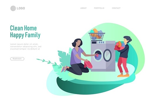 landing page template people home cleaning, clean the house, washing clothes iand putting things in the wardrobe or closet. Vector illustration of cartoon style