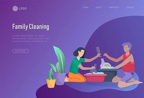 landing page template people home cleaning, home cleaning, washing dishes, wipe dust, water flower. Vector illustration cartoon style