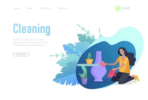 landing page template people home cleaning, home cleaning, washing dishes, wipe dust, water flower. Vector illustration cartoon style