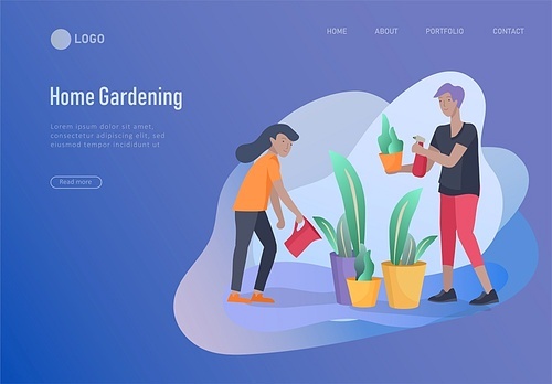 landing page template people home cleaning and gardening, man and woman water flower. Vector illustration cartoon style