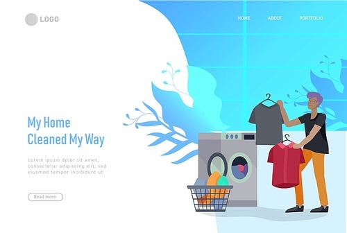 landing page template people home cleaning, clean the house, washing clothes iand putting things in the wardrobe or closet. Vector illustration of cartoon style