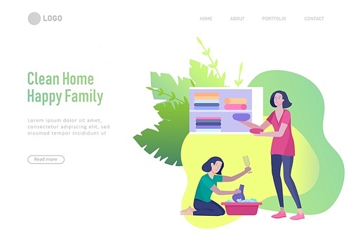 landing page template people home cleaning, home cleaning, washing dishes, wipe dust, water flower. Vector illustration cartoon style