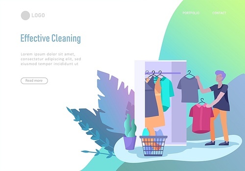 landing page template people home cleaning, clean the house, washing clothes iand putting things in the wardrobe or closet. Vector illustration of cartoon style