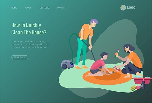 landing page template people home cleaning, washing dishes, fold clothes, cleaning window, carpet and floor, wipe dust, water flower. Vector illustration cartoon style