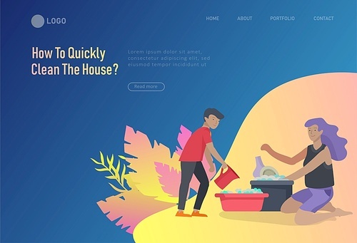 landing page template people home cleaning, home cleaning, washing dishes, wipe dust, water flower. Vector illustration cartoon style