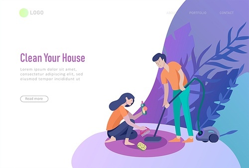 landing page template people home cleaning, washing dishes, fold clothes, cleaning window, carpet and floor, wipe dust, water flower. Vector illustration cartoon style