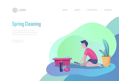 landing page template people home cleaning, washing, cleaning carpet and floor, wipe dust. Vector illustration cartoon style