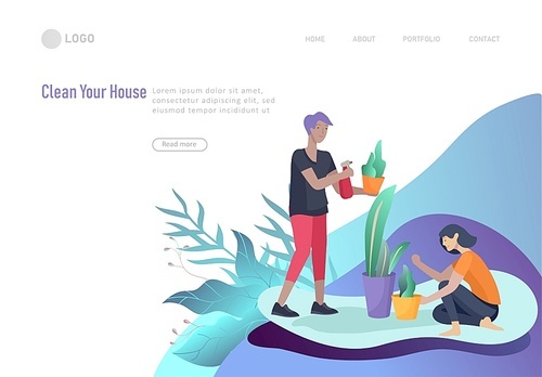 landing page template people home cleaning and gardening, man and woman water flower. Vector illustration cartoon style